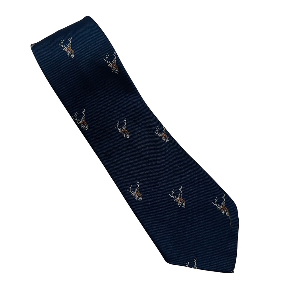 Vintage Rhodia Italy Navy Blue Silk Blend Stag Deer Head Embroidered Tie Mens